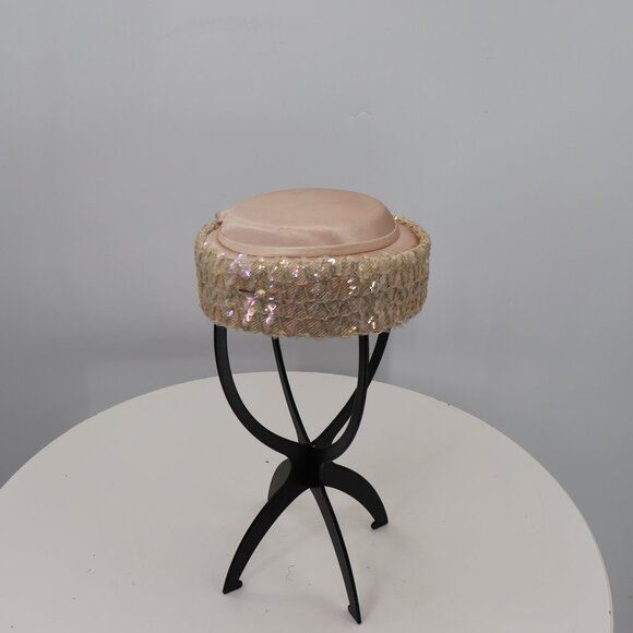 Vintage Pink Satin and Sequin Pillbox Hat - Picture 1 of 7